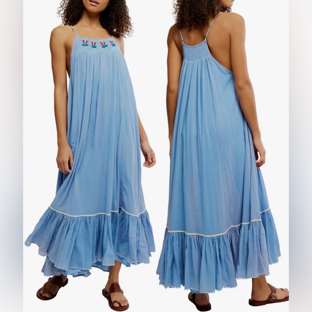 NEW Free People Tip Toeing Tulip Embroidered Gauze maxi Blue Dress sz M - Picture 2 of 8